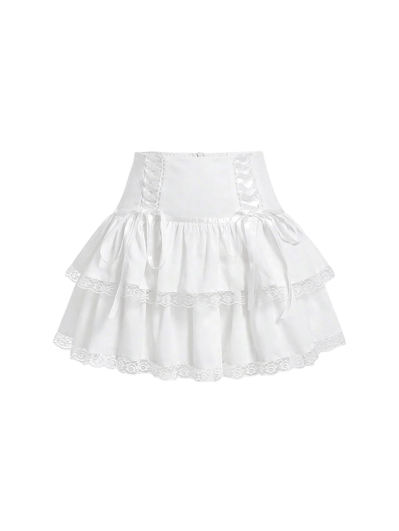 WDIRARA Women's Y2K High Waist Lace Tiered Layered Skirts Ruffle Hem Tie Bow Front Loose Flared Mini Cake Skirt