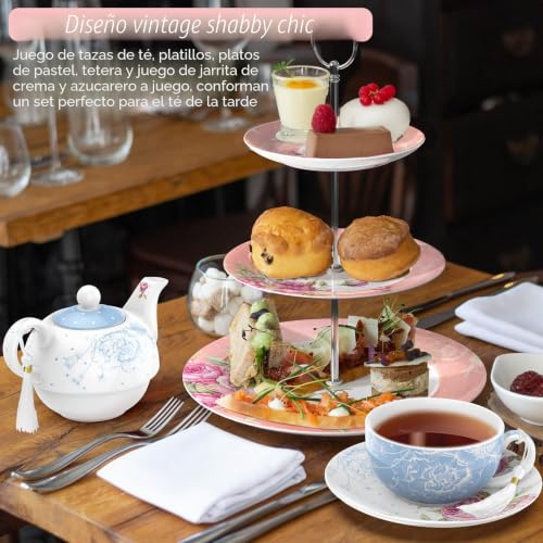 Miniatura 3 de London Boutique Juego De Té Para Una Tetera Y Platillos De Té, Regalos Para Mujeres, Juego De Té Para 1 Nuevo Hueso De Porcelana Vintage, Regalo De Flora Para Ella, 350 M Azul
