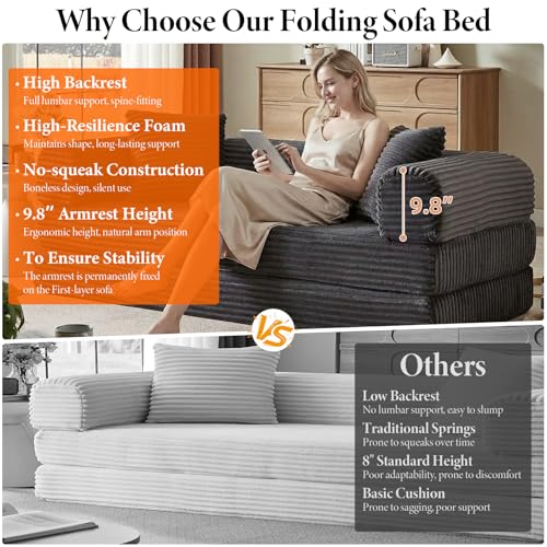 Image of 78 Inch Convertible Futon Sofa Bed,Folding Boneless Couches with Sleeper Sofa,Fold Out Floor Sofa Couch with Deep Seat,Cloud Corduroy Foldable Mattress Couch for Living Room (Dark Grey)