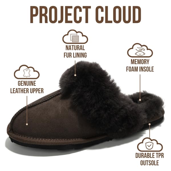 Image of Project Cloud Genuine Leather Slippers for Women with Genuine Fur Lining, Non-Slip Indoor /Outdoor Clog Mule Slippers, Memory Foam Insole