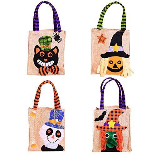 Cemobile 4 Pack Halloween Candy Tote Bags, Trick or Treat Holders for Kids Cartoon Pumpkin Goody Canvas Bag for Children Halloween Themed Party Favor Gift Decoration Sacks