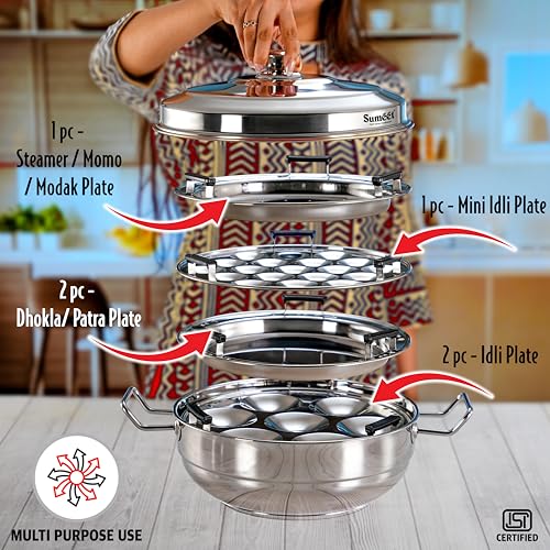 Image of Sumeet ISI Certified Stainless Steel Induction Bottom Heavy Multi Kadai with 6 Plates - 2 Idli, 2 Dhokla /Patra, 1 Momo /Modak /Steamer, 1 Mini Idli Plate - 28cm, 4.7Ltr, Silver