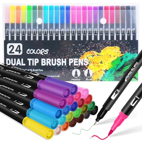 Tazweeq Dual Brush Marker Pens, 24 Colors Art Markers, with Fine, Brush Tip Coloring Markers for Adults, Markers, for Journaling Calligraphy Drawing Sketching Doodling Illustrating, Multicolor
