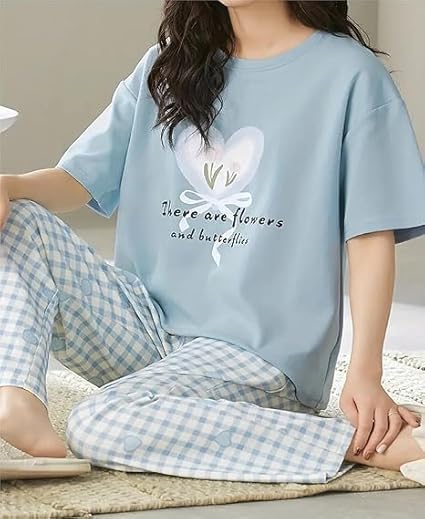 Image of Womens Night Dress Pajama Set Soft Stretchable Spandex Nightwear Night Suit Ladies Loungewear Sleepwear Two Piece Top and Pyjama Set for Women