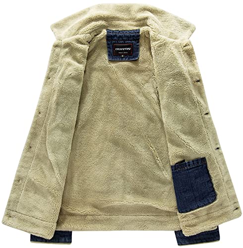 Image of HOW'ON Men's Plus Cotton Warm Fur Collar Sherpa Lined Denim Jacket Button Down Classy Casual Quilted Jeans Coats Outwear