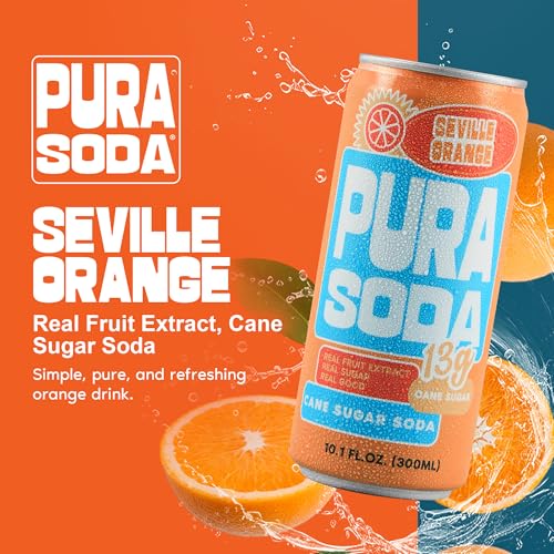 Image of PuraSoda Seville Orange - 12g Pure Cane Sugar Soda, 10 Fl Oz, Pack of 12 | Real Fruit Extract, Non-Gmo Vegan, No Stevia Or Artificial Sweeteners, 13g Cane Sugar, 10 Fl Oz Cans