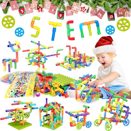 WishaLife 175 Pieces STEM Building Blocks Set, Kids Tube Locks Construction Set with Baseplate, Preschool Educational Pipe Toy Gift for Toddler Aged 3+