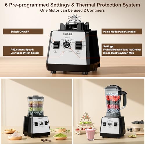 Image of Kitchen Blenders, Smoothies Blenders, PRASKY 1000W Blender and Grinder Combo 25000RPM Powerful Professional Blender 68oz BPA Free 2 Containers (White)