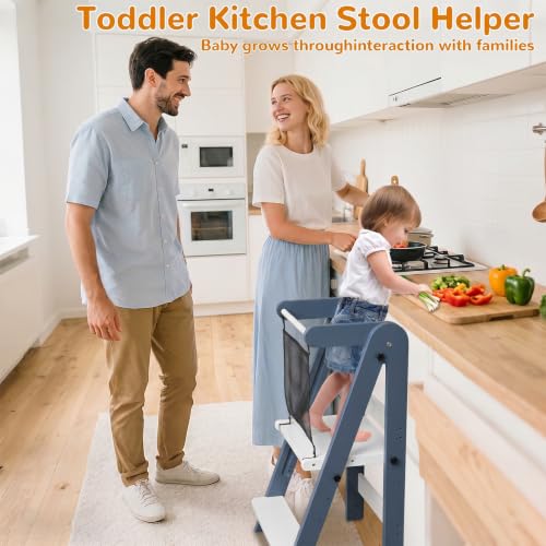 Image of ROOMTEC Foldable Toddler Kitchen Tower, 3 Adjustable Height Wooden Step Stool, Toddler Standing Tower with Safety Net (Blue)