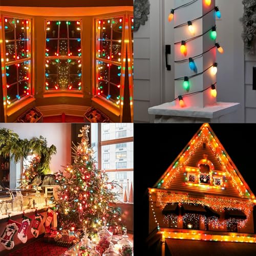 Image of C9 Multicolor Christmas Lights Outdoor, 25Ft Vintage Christmas String Lights with 26 Colorful Ceramic Bulbs, Hanging Patio Lights for Outdoor Roofline Christmas Tree Garden Pathway Decor, Green Wire