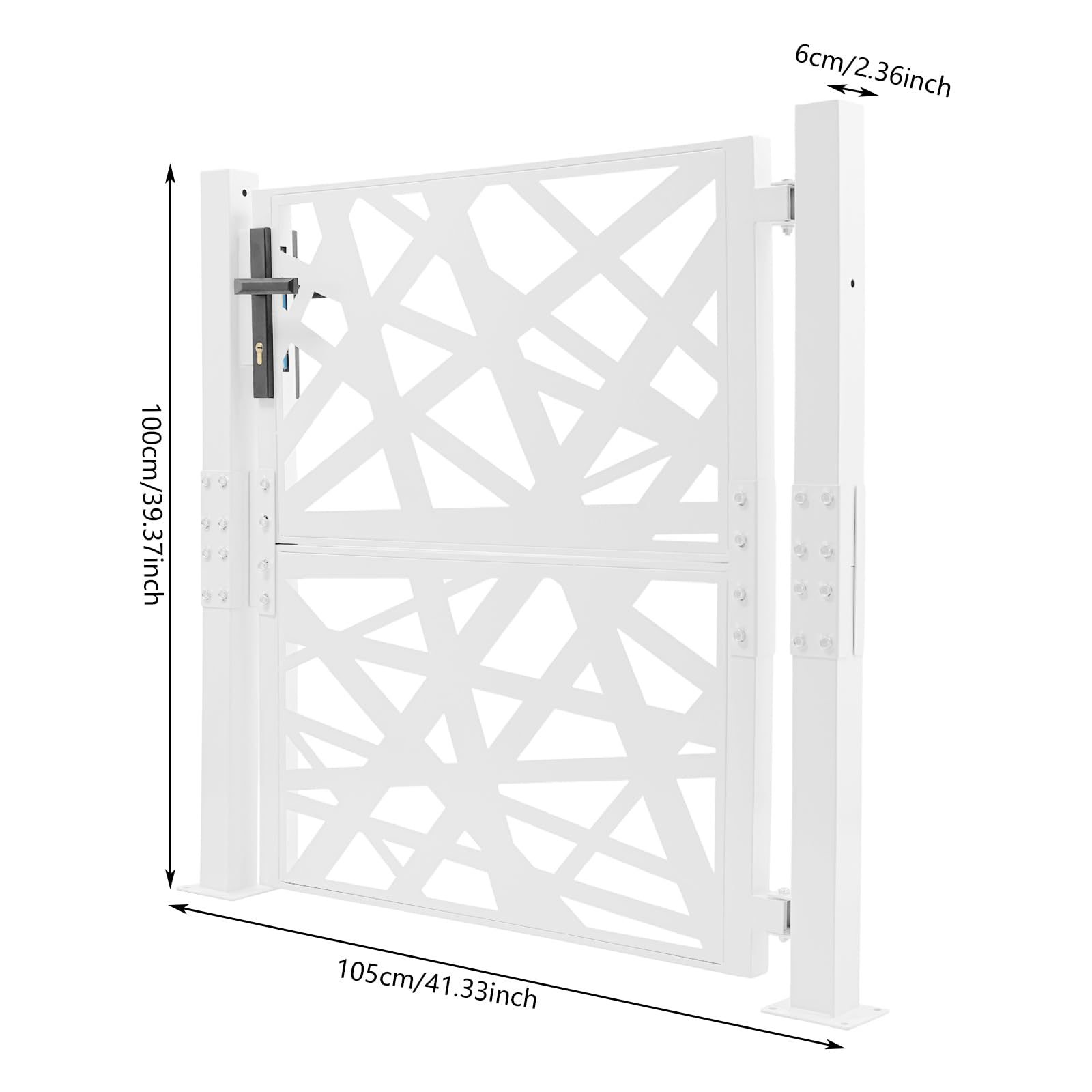 Puerta de jardín metal doble columna 105x100 cm cerradura 180° geométrica blanca