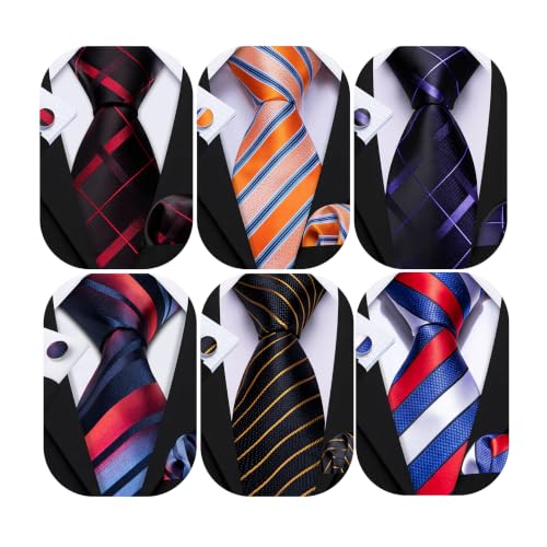 Image of Barry.Wang 6 PCS Men Ties Set Silk Business Fashion Woven Necktie Handkerchief Cufflinks Paisley Stripe Wedding Party