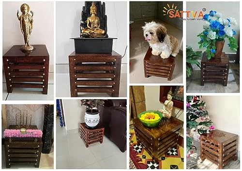 Image of SATTVA Wooden Stool Set of 2 for Living Room & Bedroom | Handmade Solid Mango Wood Stools with Antique Finish | Multipurpose Footstool, Side Table, Plant Stand, Small Sitting Chair & Home - Brown