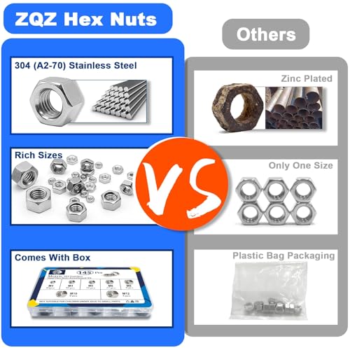 ZQZ 145 Pcs Assortiment d'écrous hexadés en acier inoxydable M3 M4 M5 M6 M8 M10 Matériel de jeu d'écrous hexagonaux métriques