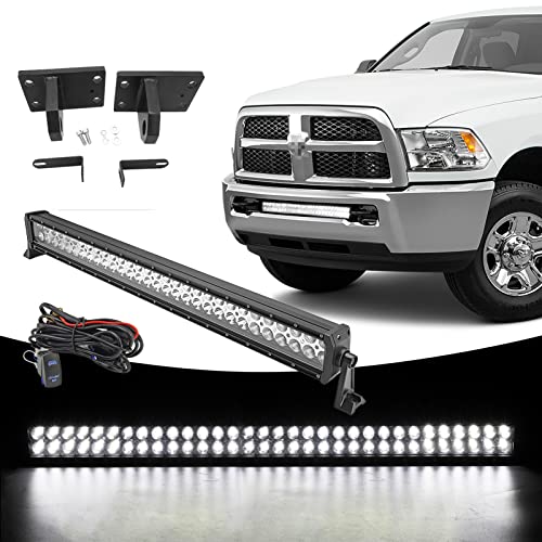 WeiSen 32 180W Straight LED Light Bar & Lower Bumper Grille Mount Brackets Kit w Heavy Duty Tow Hooks &Wiring Harness Compatible with 2010-2020 RAM 2500 3500 4500 4th Gen
