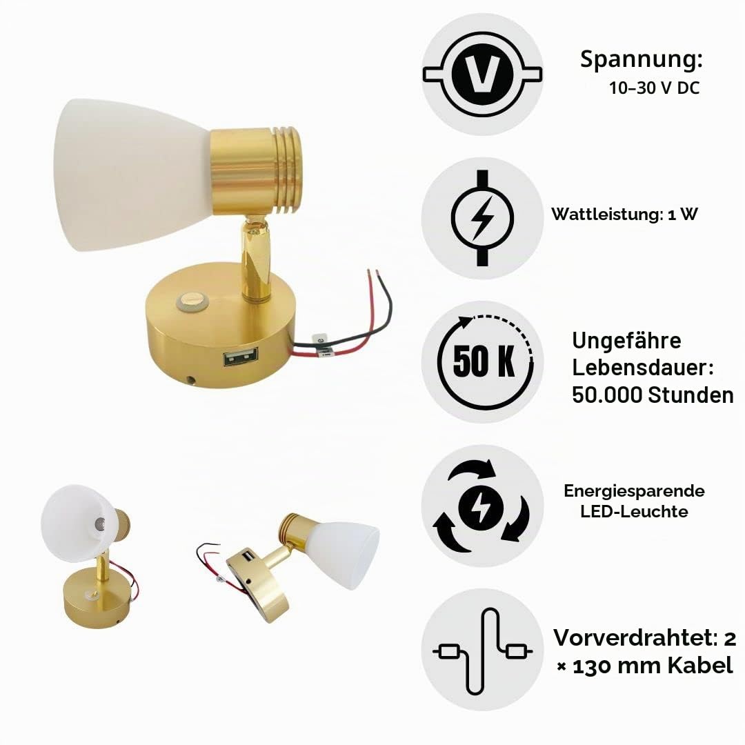 MARVIX LED Leselampe 12V 24V Messing Finish Spotlight Touch Control Dimmer Switch & USB Port Motorhome Caravan Campervan Boat Lamp, MX-011RWG