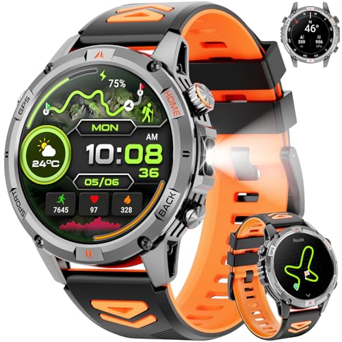 Joautrial Smartwatch Uomo Militare, 1,46 HD Orologio GPS con LED Torcia, Bussola,100+ Modalità Sportive Smart Watch, Monitoraggio della Salute,Impermeabile IP68, Chiamate Bluetooth per Android iOS