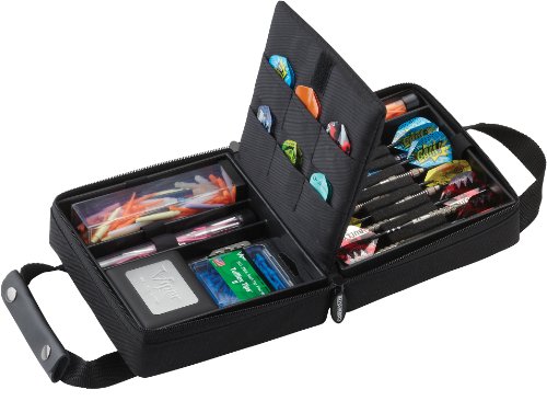 Casemaster Elite Black Nylon Dart Carrying Case; Holds 9 Darts, Steel Tip or Soft Tip, with Additional Pockets, Tubes and Boxes for Extra Tips, Flights, Shafts and Large Containers for Other Accessories