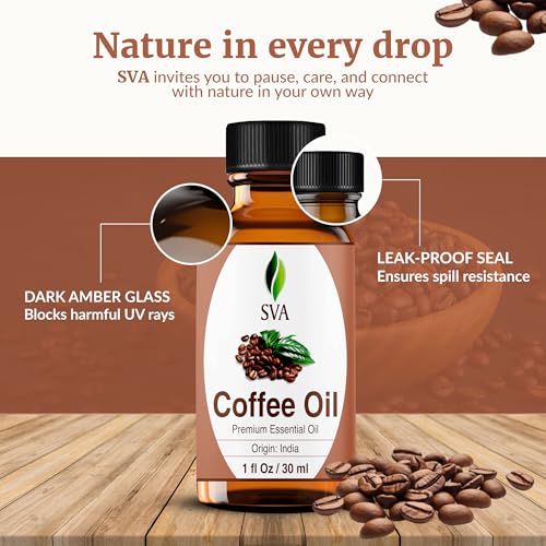 Image of SVA Coffee Essential Oil 1 Fl Oz - for Diffuser, Skin & Hair Care - Ideal for Massage & DIY Blends - with Dropper