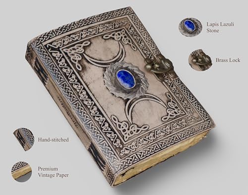 GrassLanders Antique Triple Moon Leather Journal | Lapis Lazuli Stone on Top | A5 Leather Journal |