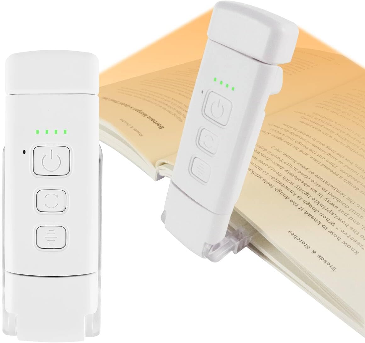QUMOX Lámpara de Lectura LED con Clip – 3 Tonos Ámbar, 5 Niveles de Brillo, Temporizador, Cabezal Ajustable, Recargable por USB – Luz de Lectura para Libros, Cama, Viaje (Blanco)