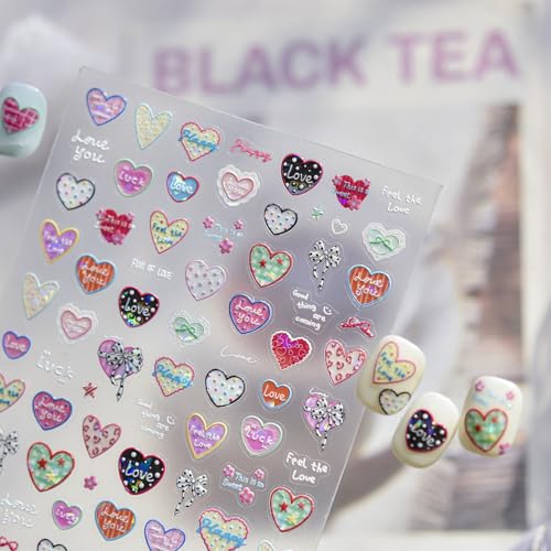 Image of Colorful Heart Nail Stickers - Love Lettering & Bow Design 5D Sparkle Self Adhesive Nails Decals for Women Cute Manicure DIY Decoration (1 Sheet)