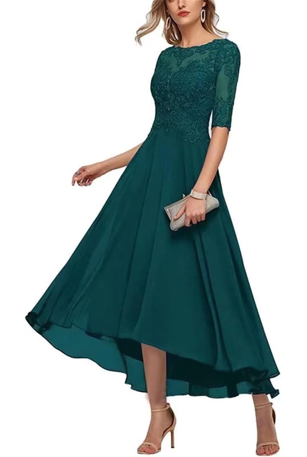 KIYNE Tea Length Mother of the Bride Dresses for Women Lace Applique Chiffon Formal Dress Peacock Chiffon Evening Party Gown UK8