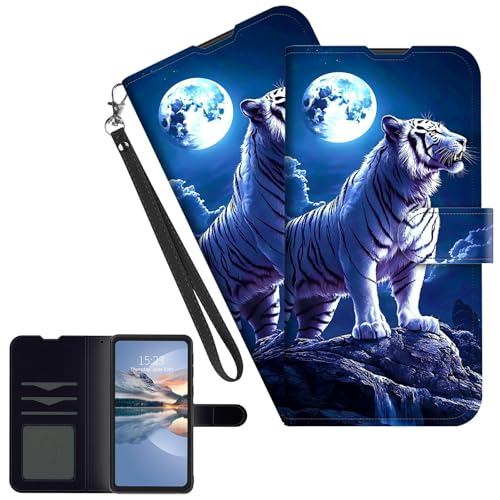 HEAKIERG for Cricket Outlast 5G 2024/AT&T Motivate Pro 5G Wallet Case with 3 Card Holder & Wrist Strap, Shockproof Protective Kickstand Cover Credit Cards Slot FlipCases, White Tiger Moon