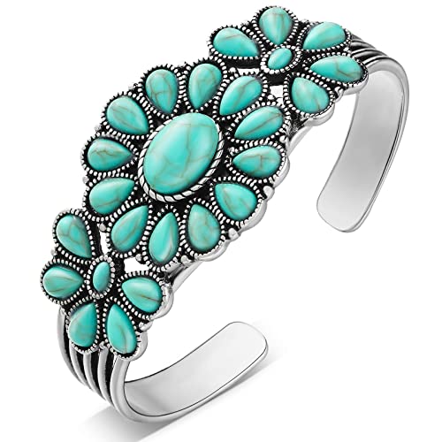 Bonuci Turquoise Bracelet Women Western Jewelry Retro Turquoise Stone Cuff Bracelet Adjustable Cluster Flower Silver Bangle for Women Party(Green) by Bonuci - Used condition - US$11.09