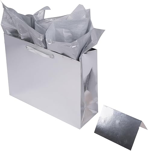 Lyforpyton Bolsas de regalo grandes con papel de seda de 9 x 3.9 x 7 pulgadas, bolsas de regalo plateadas para cumpleaños, bodas, aniversarios