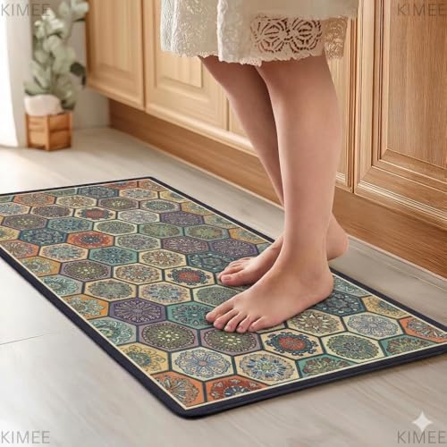 Image of VANZAVANZU KIMEE 2 Pcs Kitchen Mat Set - Non-Slip Water Absorbent Floor Mats for Kitchen & Sink Runner - Soft Cushioned Rugs with Vintage Tile Print Design (120x40 cm + 40x60 cm)