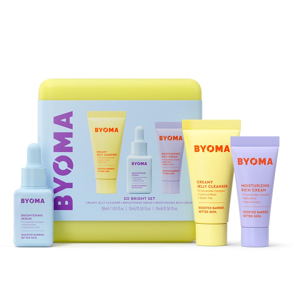 BYOMASo Bright Set - Barrier Repair Skincare Set for Brighter Skin (30ml, 15ml, 15ml) Creamy Jelly Cleanser, Brightening Face Serum and Ceramide Face Moisturiser - Alcohol Free