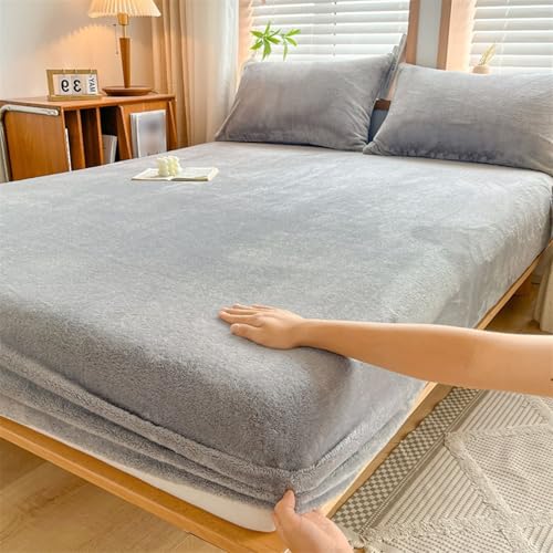 Daesar Juego Bajera Ajustable y 2 Fundas Almohada,Color Sólido Terciopelo Sábanas Bajeras Ajustables Gris,90 x 200 CM