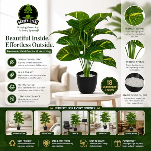 Image of Artificial Calathea Orbifolia Plant with Black Pot - 75 cm Tall Faux Tropical Decorative Plant with 18 Leaves for Home, Office, Balcony & Living Room Decor