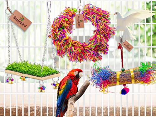 GREENBIRDS-TOYS-Pack-Of-3-Pcs-Include-Paper-Shredded-Foraging-Chew-Toy-Grass-Swing-Cage-Hanging-Accessories-Birds-Toys-Natural-Wood-Parrot-Toys-Cage-Accessories-Training-Aid-Perch-For-Bird-Parrot
