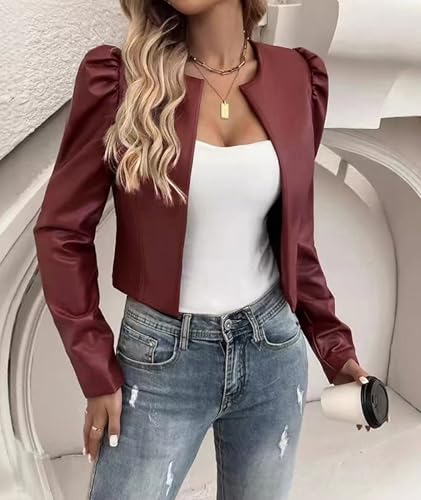 Sexyshine Women's Cropped Faux Leather Jacket Puff Long Sleeve Slim Fit Open Front PU Leather Coat Office Streetwear3