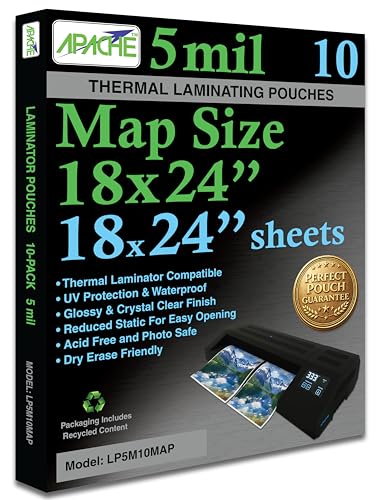 Image of Apache Map Size Laminating Pouches, 5 Mil, 10 Pack, 18 x 24 Inch Pouch Size Laminating Sheets, Thermal Laminator Compatible, Super Clear, Round Corners