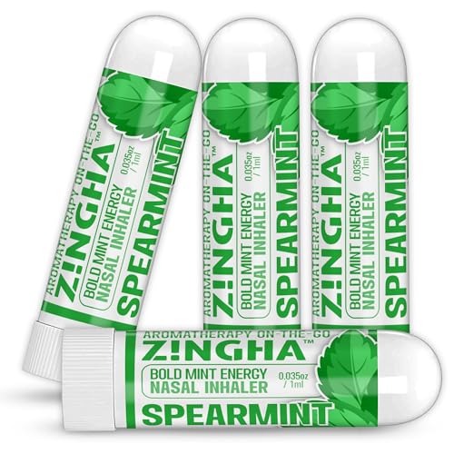 Z!NGHA Natural Aromatherapy Nasal Inhaler Stick for Sinus Relief, Focus & Stress Relief | Portable Dual-Hole Essential Oil Blend (4PK, Spearmint)