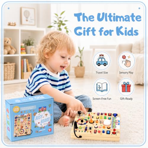 Image of Busy Board with LED Light Switches, Montessori Toys for 1 2 3 Years Old, Toddlers Wooden Toy Sensory Activity Board, Travel Toys for 1+ Year Old Boy & Girl Birthday Gift (School 19 Switches)