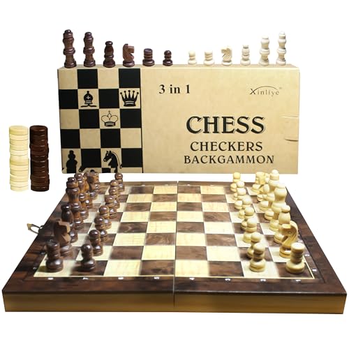 3 in 1 Chess Set, Folding 40cm Wooden Board, Includes Chess, Checkers, Backgammon, Handcrafted Pieces with Storage, Elegant Present for Adults and Kids, Holiday, Birthday, Christmas, Travel Game