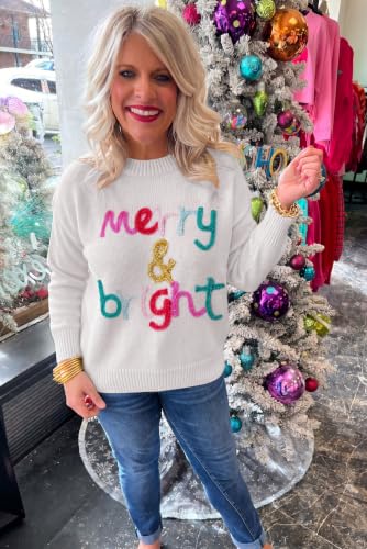 Image of LEMAFER Women 2026 Merry Christmas Round Neck Sequin Letters Sweater Casual Solid Slogan Long Sleeve Pullover Sweatshirt Tops