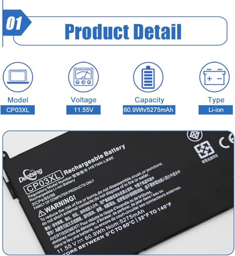 Image of CP03XL 11.55V 60.9Wh /5275mAh Laptop Battery Compatible with HP Spectre x360 13 Convertible PC 13-ae000 13-ae013dx 13-ae015dx 13-ae052nr 13-ae040ng Series HSTNN-LB8E 929066-421 929072-855