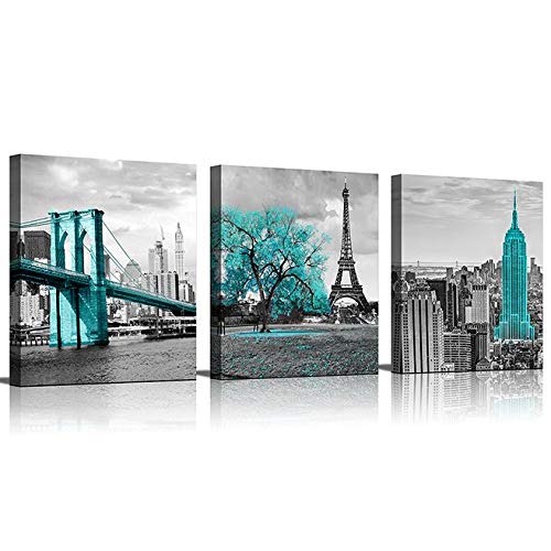 Canvas Wall Art For Living Room Girl Bedroom Wall Art Bathroom Girls Teal Paris Theme Room Decor Oil Painting Print Brooklyn Bridge Empire State Building Wall Art Tower Eiffel Painting for Wall Decor