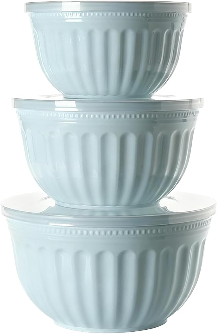 Salad Bowl Set with Lid, 3-Piece Plastic Mixing Bowls, BPA-Free, Stackable Large Bowls for Kitchen, Nesting Bowl Set Mixing Bowl for Mixing, Serving & Storing (Blue)