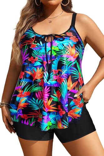 Daci Colorful Leaves Women Plus Size Tankini Swimsuit - 2 Piece Flowy Plus Size Bathing Suits and Shorts with Pockets 2025 20 Plus