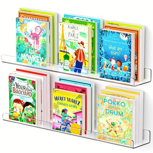 Image of PAPAGIFTREE 24" Acrylic Wall Bookshelf 2 Pack Acrylic Floating Book Shelves for Kids, Clear Acrylic Bookshelves for Wall, Kids Acrylic Floating Bookshelf Wall Mounted