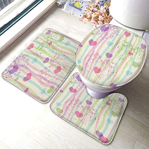 Badezimmerteppich-Set, 3-teilig, Valentinstag-Pastell-Grunge-Muster mit bunten Streifen und Herzen, waschbare Badteppiche, rutschfest, mit Rückenpolster, Konturteppich und Toilettendeckelbezug