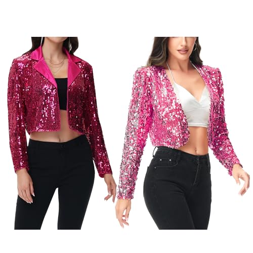 Women's 2 Piece Set Sequin Long Sleeve Blazer Jacket Partywear Blazer Bolero Shrug Bundle, Medium