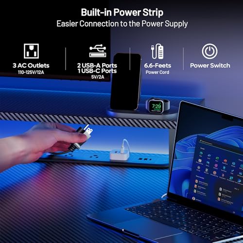 HLDIRECT 47 Inch Gaming Desk with LED Lights & Power Outlet, Computer Gamer Desk with Monitor Stand, Ergonomic Carbon Fiber Gaming Table Home Office Desk with Cup Holder (47INCH) - Image 5