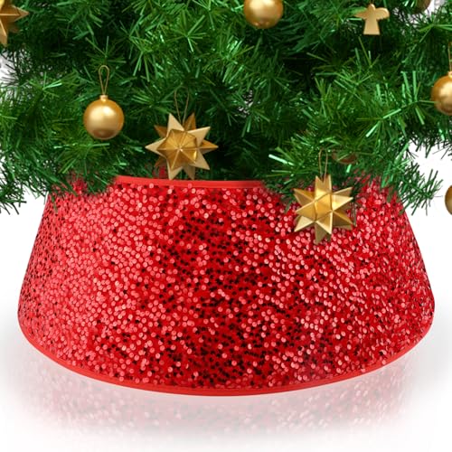 Collar de Árbol de Navidad, Falda para Árbol de Navidad con Lentejuelas Brillantes Anillo para Árbol de Navidad Cubierta para Base de Árbol para Decoraciones para Árboles de Navidad (Rojo)